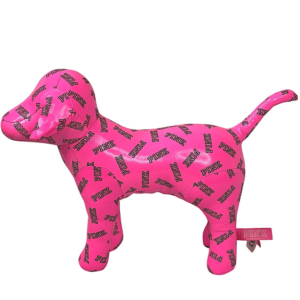 Victoria’s Secret 2015 Pink Faux Leather All Over Black Monogram 12” Stuffed Dog